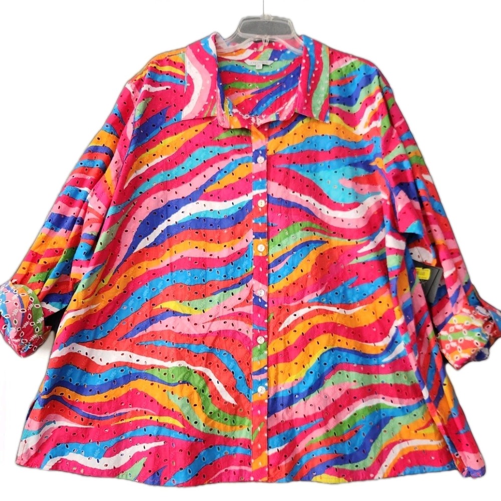 JOHN‎ MARK Multi Colorful Stripe Eyelet Button Down Shirt Top Sz 3X NEW Festival